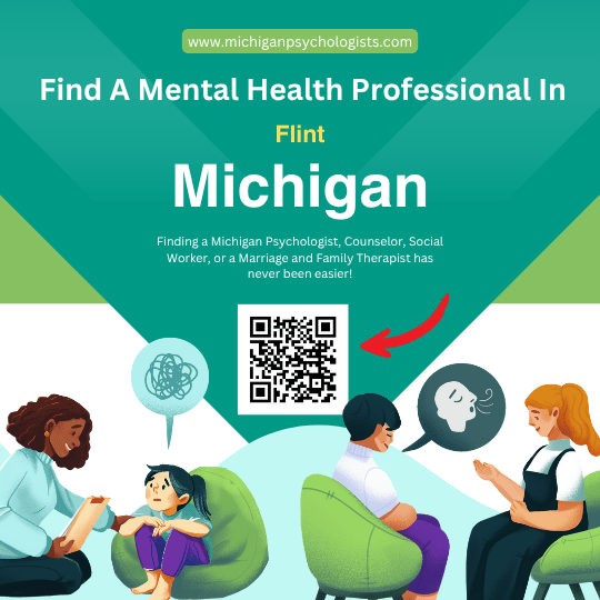 Information guide for finding a therapist in Flint, Michigan. This graphic from michiganpsychologists.com includes a QR code and illustrations of a child therapy session and an adult breathing exercise. Featured professionals include psychologists, counselors, social workers, and marriage family therapists.