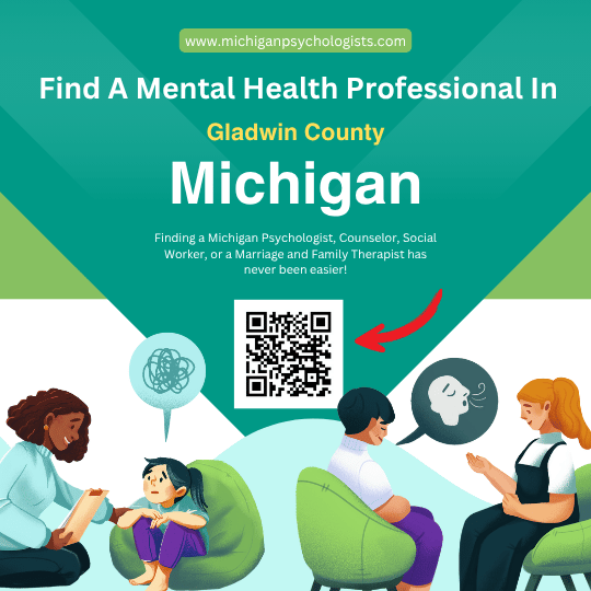 Information guide for finding a therapist in Gladwin County, Michigan. This graphic from michiganpsychologists.com includes a QR code and illustrations of a child therapy session and an adult breathing exercise. Featured professionals include psychologists, counselors, social workers, and marriage family therapists.