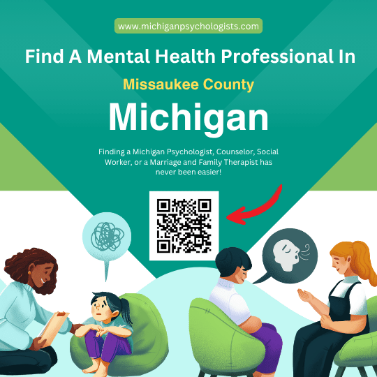 Information guide for finding a therapist in Missaukee County, Michigan. This graphic from michiganpsychologists.com includes a QR code and illustrations of a child therapy session and an adult breathing exercise. Featured professionals include psychologists, counselors, social workers, and marriage family therapists.