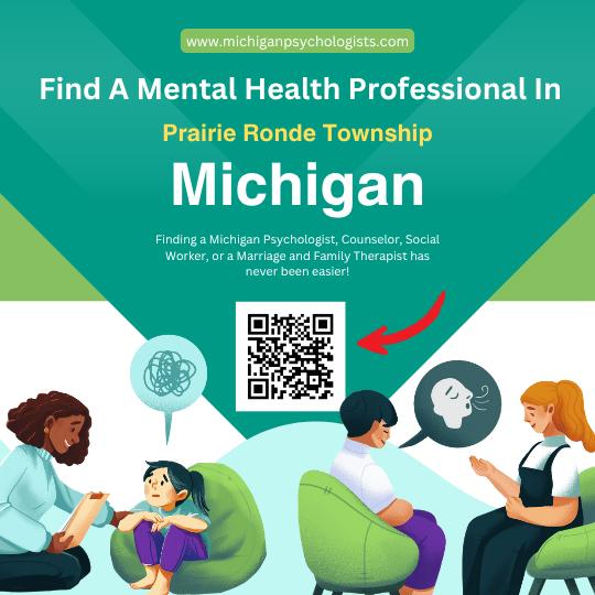 Information guide for finding a therapist in Prairie Ronde Township, Michigan. This graphic from michiganpsychologists.com includes a QR code and illustrations of a child therapy session and an adult breathing exercise. Featured professionals include psychologists, counselors, social workers, and marriage family therapists.