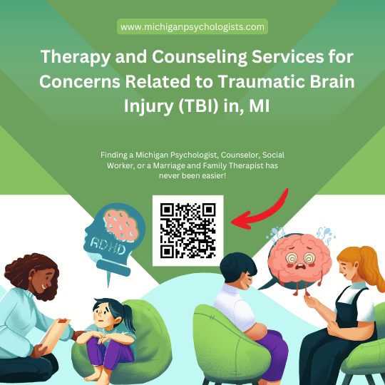 Professional illustration representing Traumatic Brain Injury (TBI) support and therapy services - Michigan Psychologists Directory